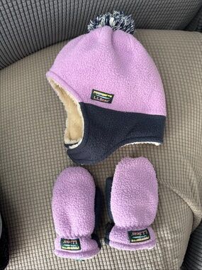 L.L. Bean Kids Lavender and Navy Fleece Pom-Pom Hat with Matching Mittens
